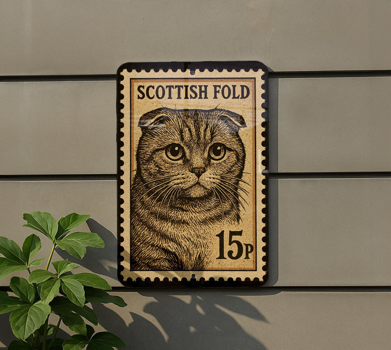 A Scottish Fold cat stamp is displayed on a wall, with a plant visible to the left.