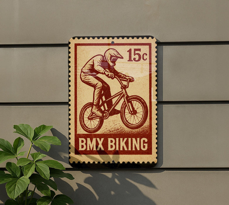 A vintage-style stamp-like sign with a bicycle illustration, mounted on a wall, and a plant is visible in the foreground.