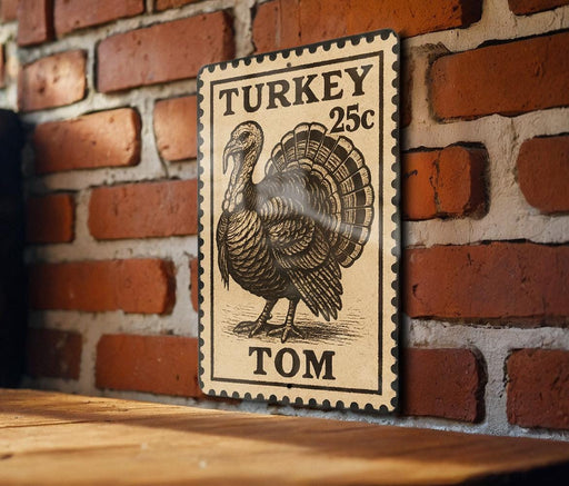 A wooden table with a brick wall in the background, featuring a vintage-style metal sign with a turkey illustration and the text "TURKEY 25c TOM".