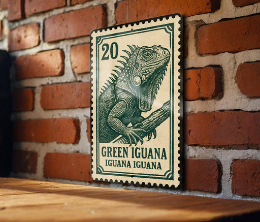 A green and white postage stamp featuring a detailed illustration of a green iguana is displayed on a brick wall.