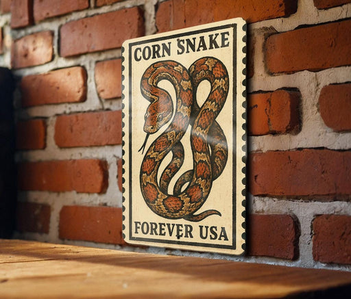 a sign with a large illustration of a corn snake on a brick wall.