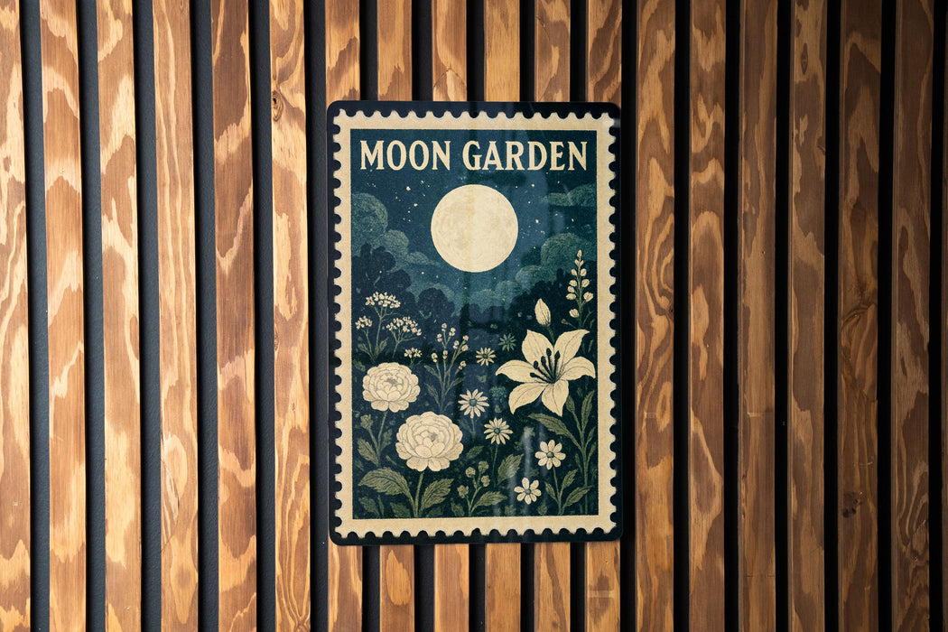 A framed poster with a moon and floral design hangs on a wooden wall.