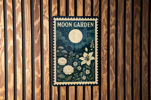 A framed poster with a moon and floral design hangs on a wooden wall.