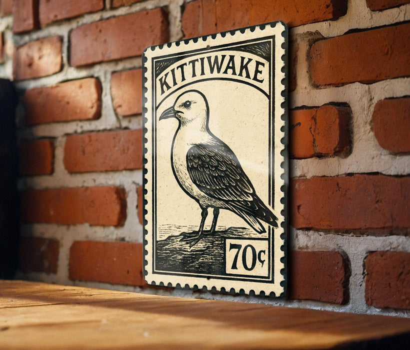 A vintage-style postage stamp featuring a black and white illustration of a bird, mounted on a brick wall.