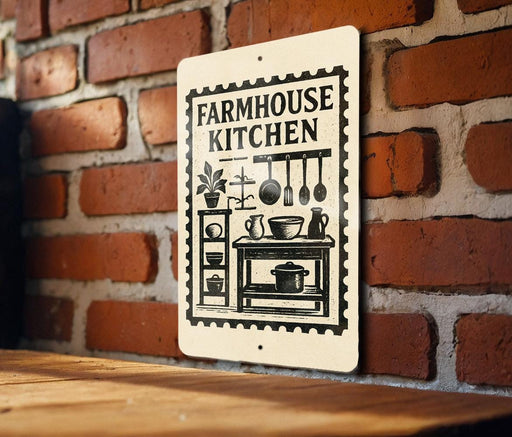 a sign for a "Farmhouse Kitchen" with various kitchen-related icons and text.