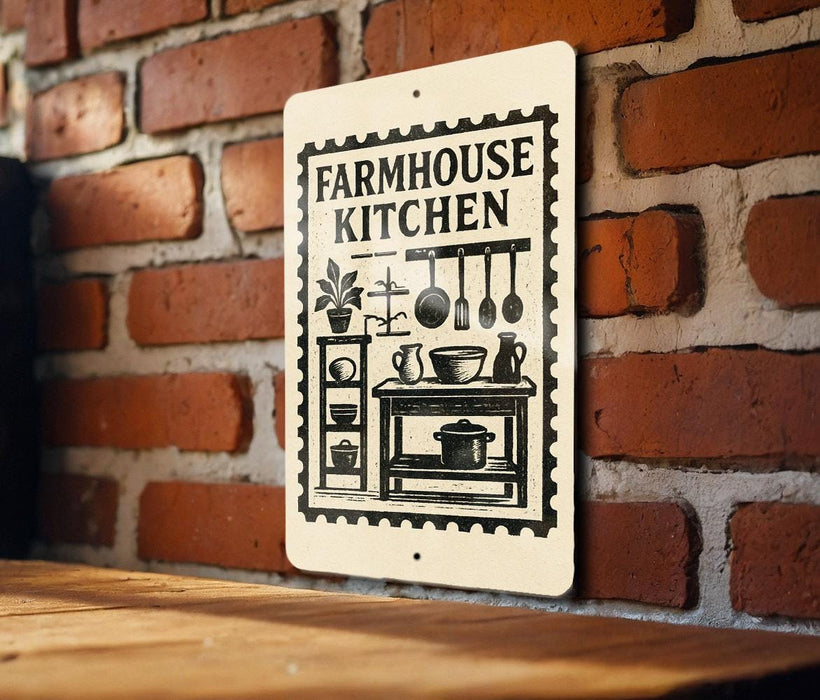 a sign for a "Farmhouse Kitchen" with various kitchen-related icons and text.
