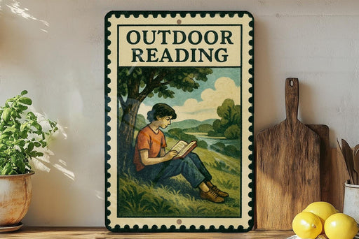 A vintage-style sign that reads "OUTSOURCED READING" with an illustration of a person reading outdoors. The sign is displayed on a shelf next to a wooden cutting board and a potted plant.