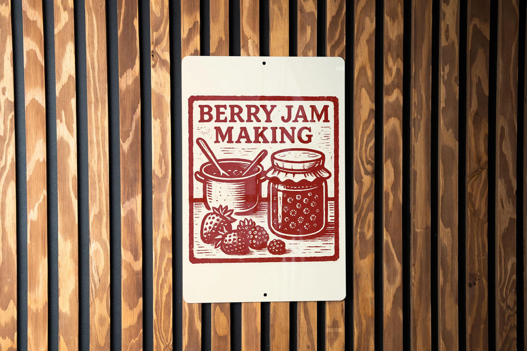 A sign for berry jam making is displayed on a wooden wall.