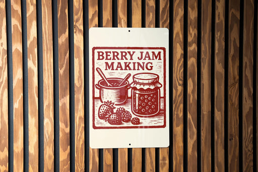 A sign for berry jam making is displayed on a wooden wall.