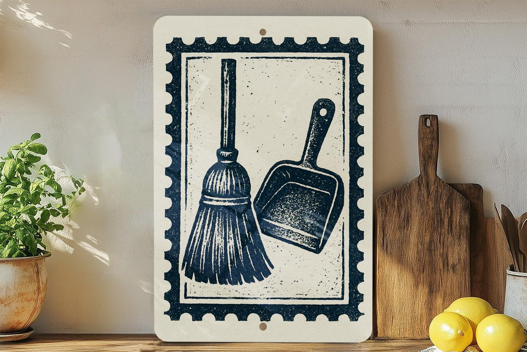 a white sign with a black and white illustration of a broom and a dustpan, placed on a wooden surface next to a wooden cutting board and a potted plant.