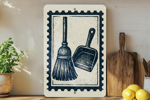 a white sign with a black and white illustration of a broom and a dustpan, placed on a wooden surface next to a wooden cutting board and a potted plant.