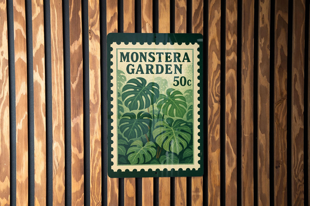 A poster for the Monstera Garden, featuring a large image of monstera plants and a price tag of 50 cents.