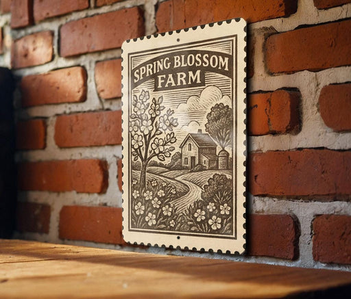 A sign for "Spring Blossom Farm" is displayed on a brick wall, featuring an illustration of a farm scene with a house and trees.