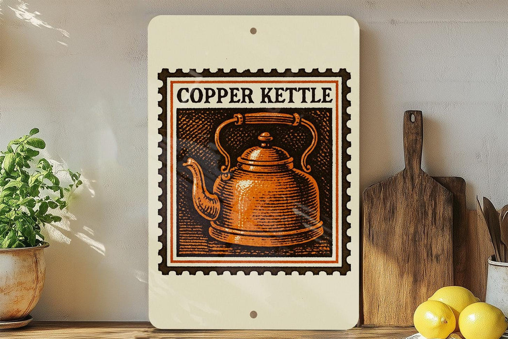 a copper kettle on a shelf, with a wooden cutting board and a potted plant nearby.