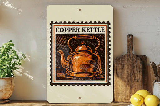 a copper kettle on a shelf, with a wooden cutting board and a potted plant nearby.