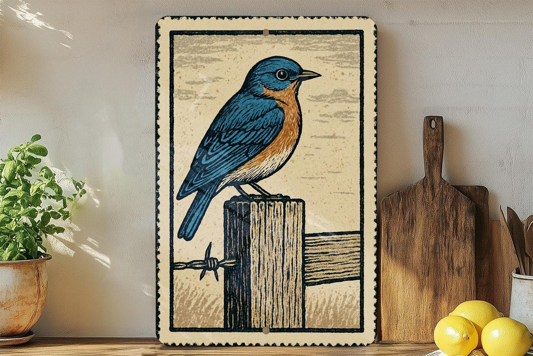 A framed illustration of a blue bird perched on a wooden post is displayed on a shelf, accompanied by a wooden cutting board, a potted plant, and some lemons.