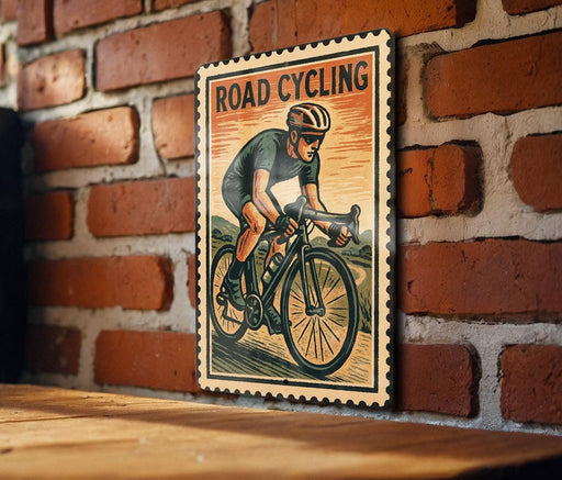 A vintage-style poster of a cyclist on a road, mounted on a brick wall.
