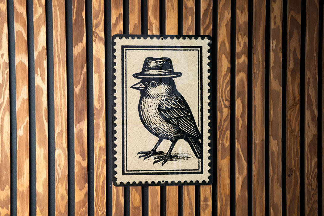 A black and white illustration of a bird wearing a hat is displayed on a wooden wall.