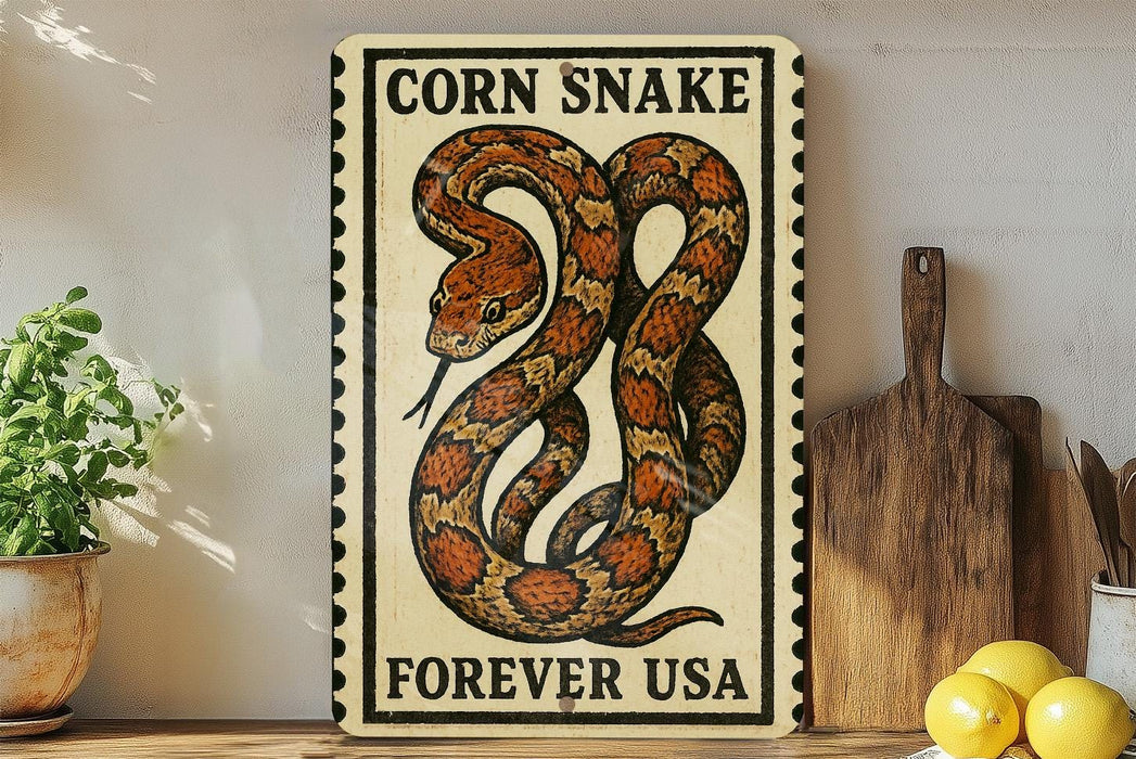 a vintage-style sign with a large illustration of a corn snake, accompanied by the text "CORN snake Forever USA" on a wooden surface.