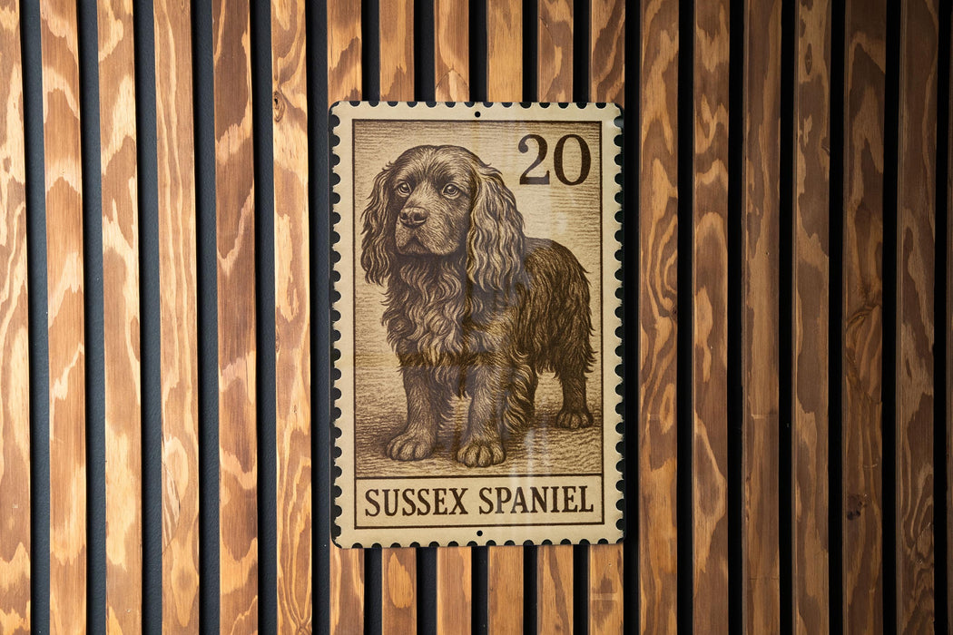 A metal sign featuring a drawing of a brown dog, specifically a Sussex Spaniel, mounted on a wooden wall.