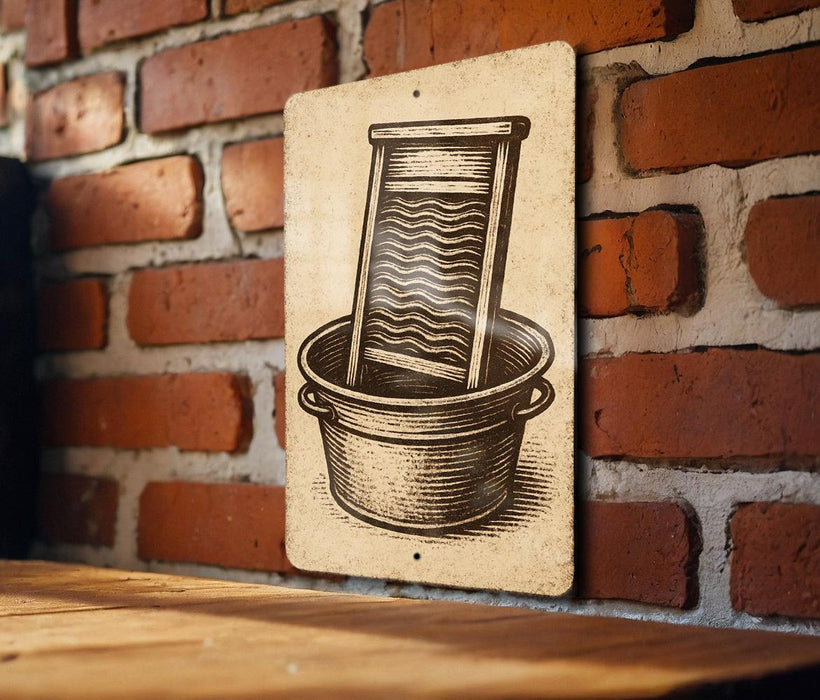 A sign with a vintage-style illustration of a washing machine or loom in a bucket, mounted on a brick wall.