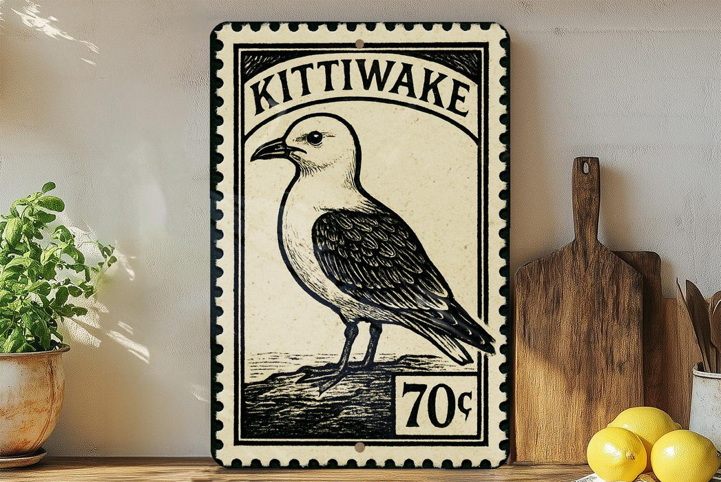A vintage-style metal sign with a black and white illustration of a bird, mounted on a wall next to a wooden cutting board and some kitchen utensils.