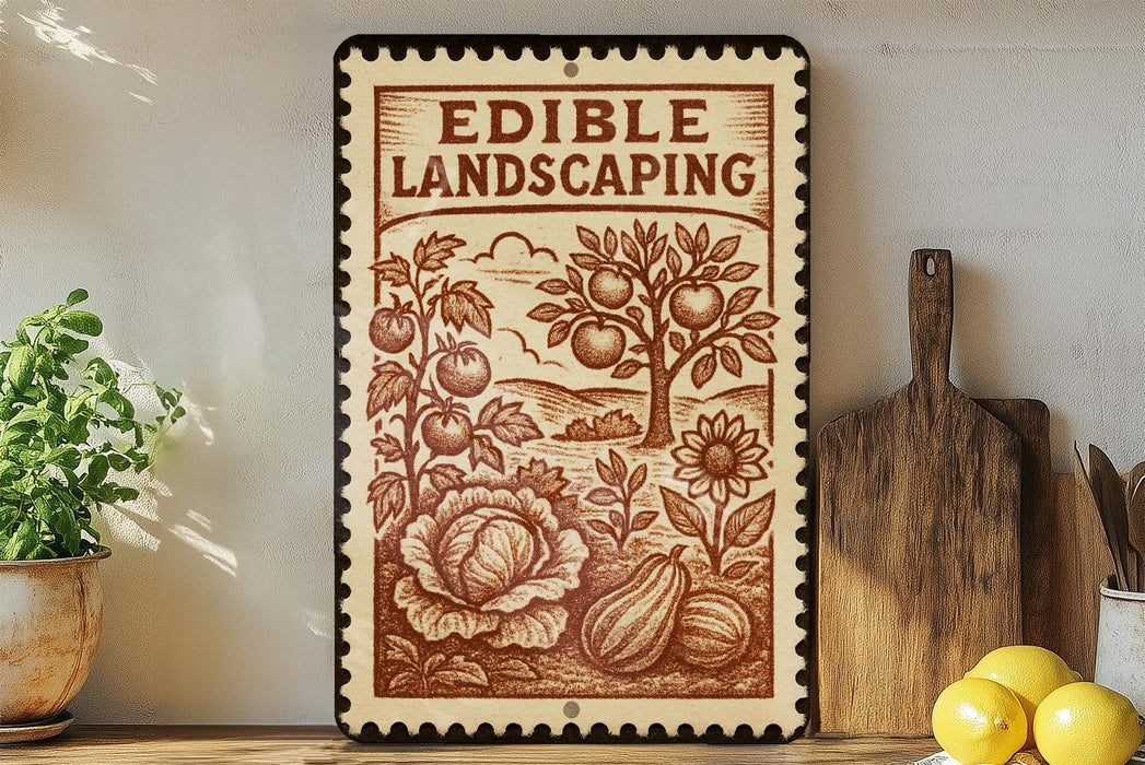 a decorative stamp-like sign with a garden scene, including a tree, flowers, and vegetables, placed on a wooden surface next to a cutting board and some kitchen utensils.