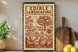 a decorative stamp-like sign with a garden scene, including a tree, flowers, and vegetables, placed on a wooden surface next to a cutting board and some kitchen utensils.