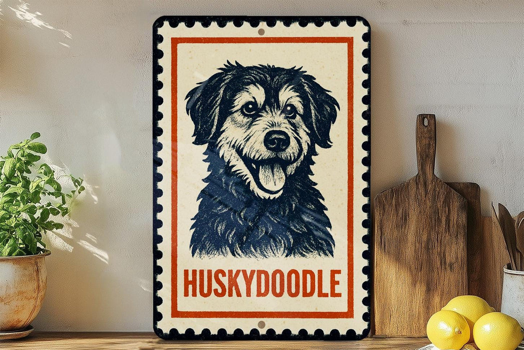 A framed image of a husky dog, with the word "Huskydoodle" written below it, is displayed on a shelf next to a wooden cutting board and some lemons.