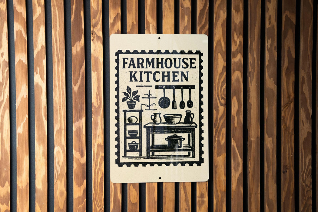 a sign for a "Farmhouse Kitchen" with various kitchen-related icons and text.
