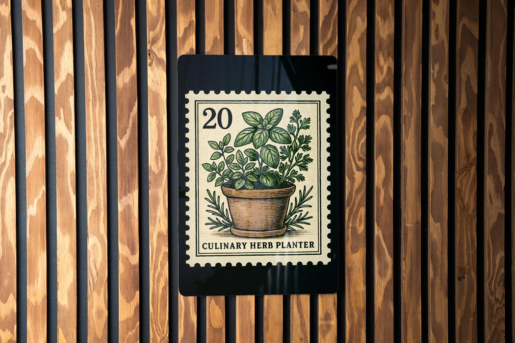 A culinary herb planter stamp is displayed on a wooden wall.