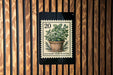 A culinary herb planter stamp is displayed on a wooden wall.