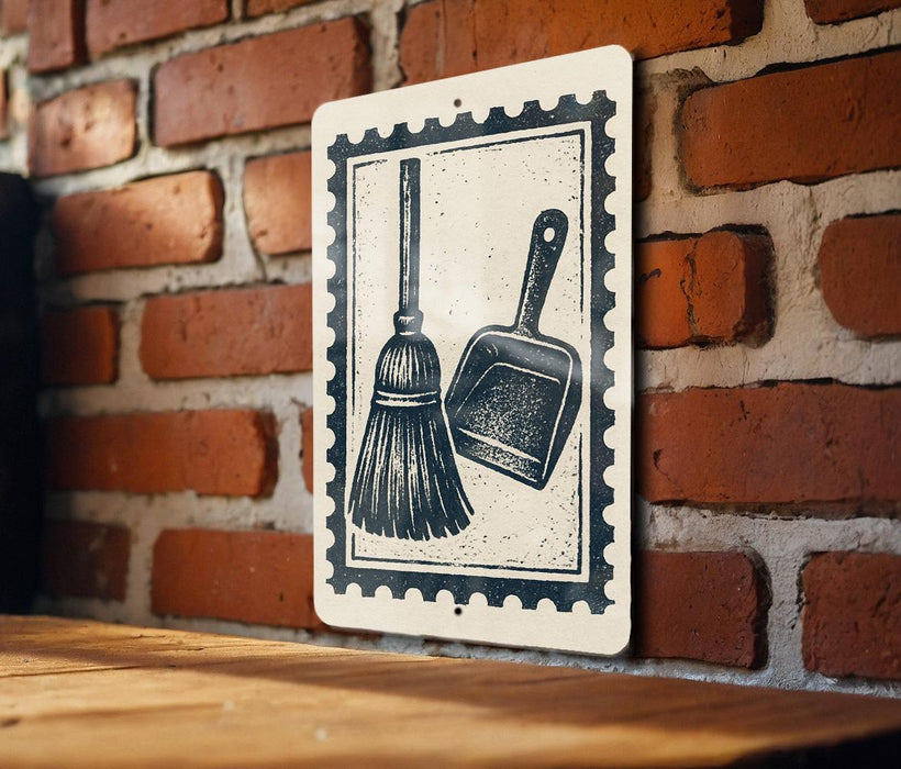 A sign with a black and white illustration of a broom and a dustpan is mounted on a brick wall.