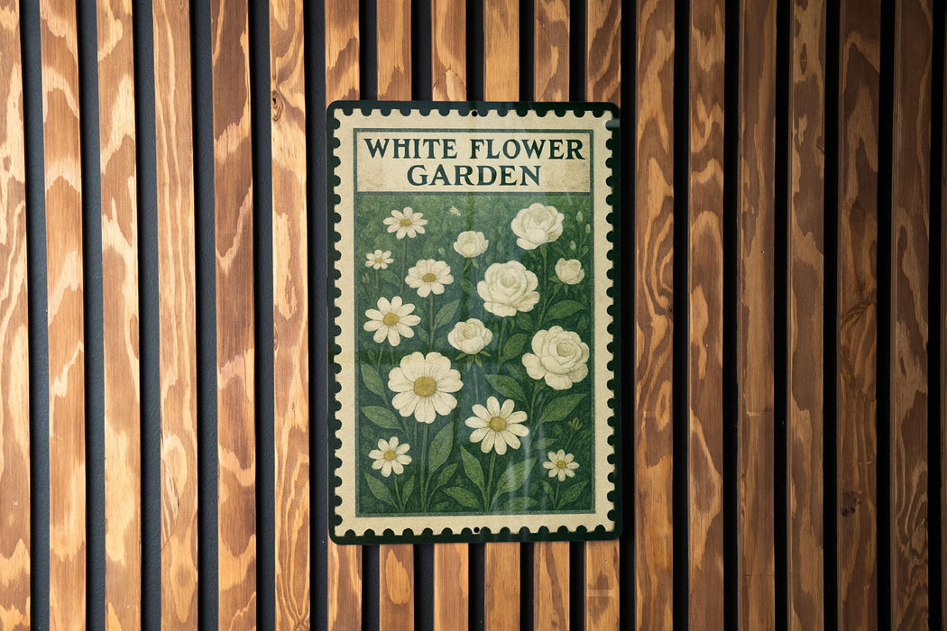 A vintage-style metal sign with a floral design, mounted on a wooden wall.