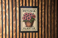 A sign with the text "PETUNIA PLANTER" and an illustration of a potted plant with pink flowers.