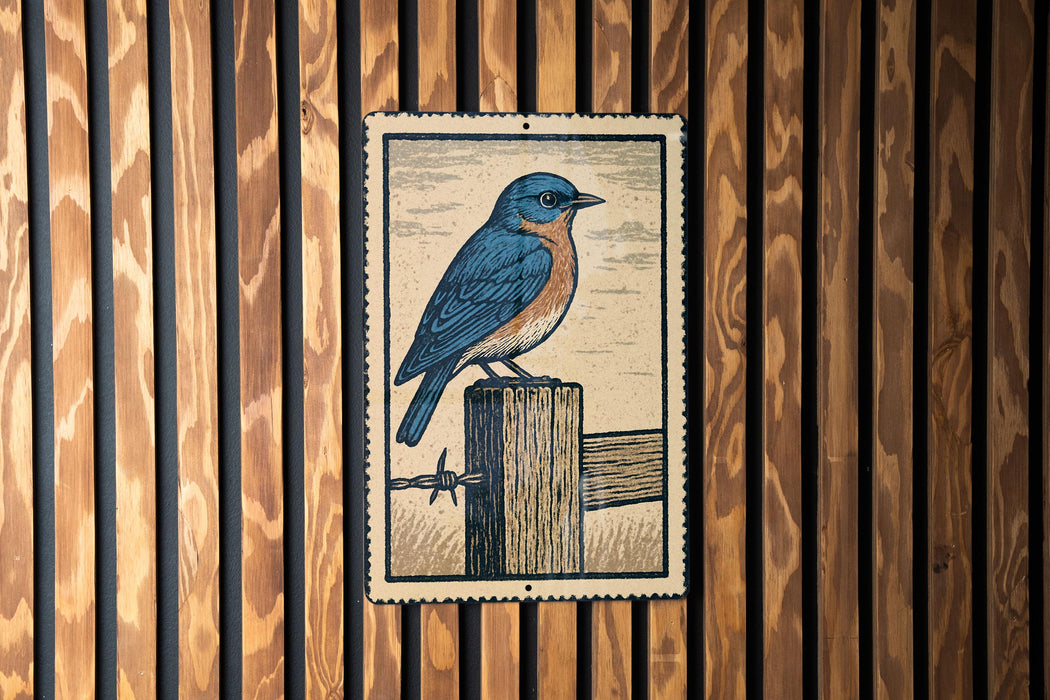 A framed illustration of a bluebird perched on a wooden post is displayed on a wooden wall.