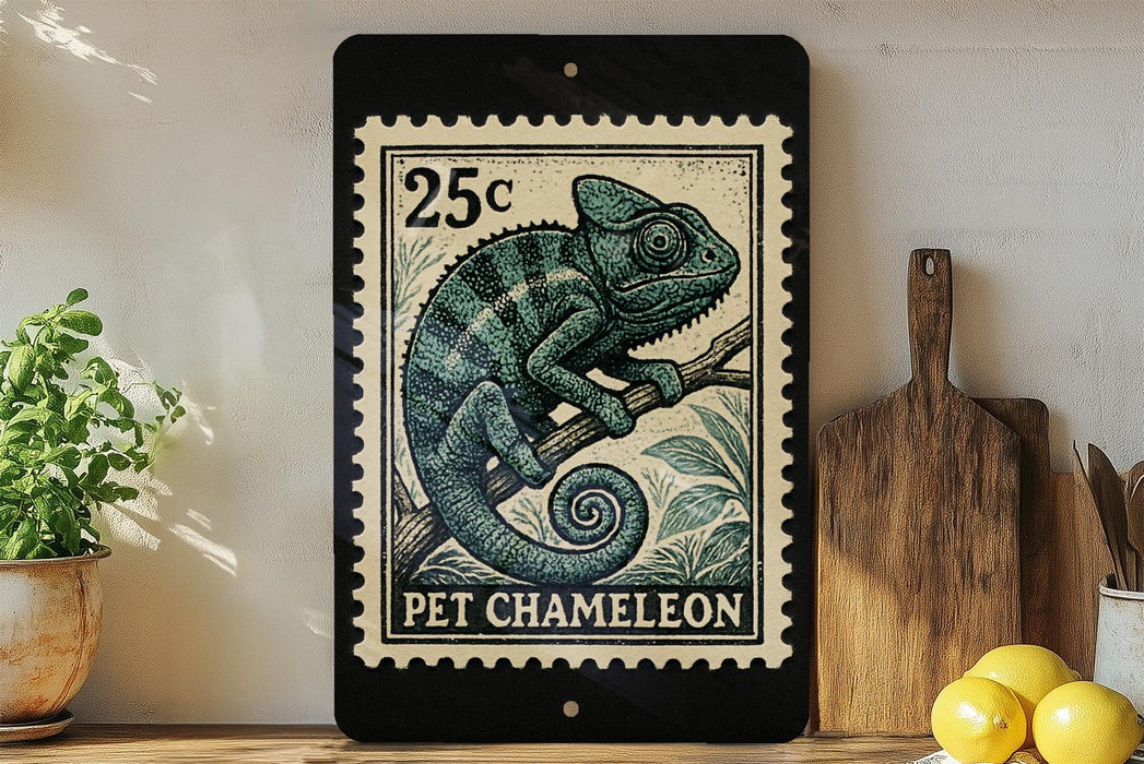 A 25c postage stamp featuring a chameleon is displayed on a shelf next to a wooden cutting board and some lemons.