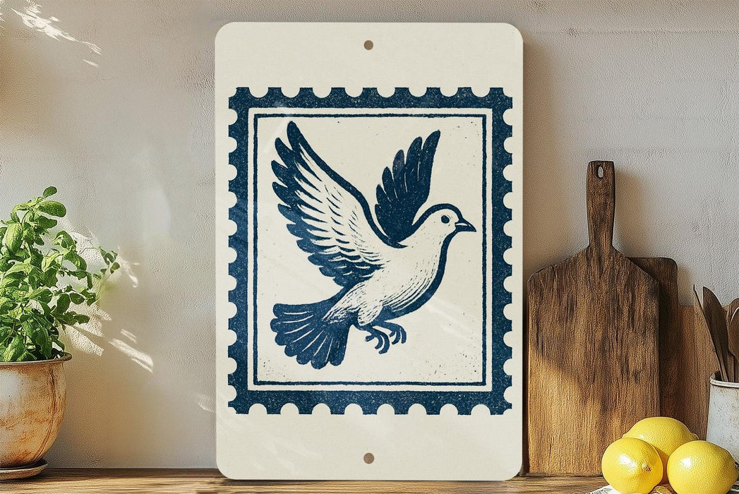 a white sign with a blue bird illustration on it, placed on a wooden surface next to a wooden cutting board and some lemons.