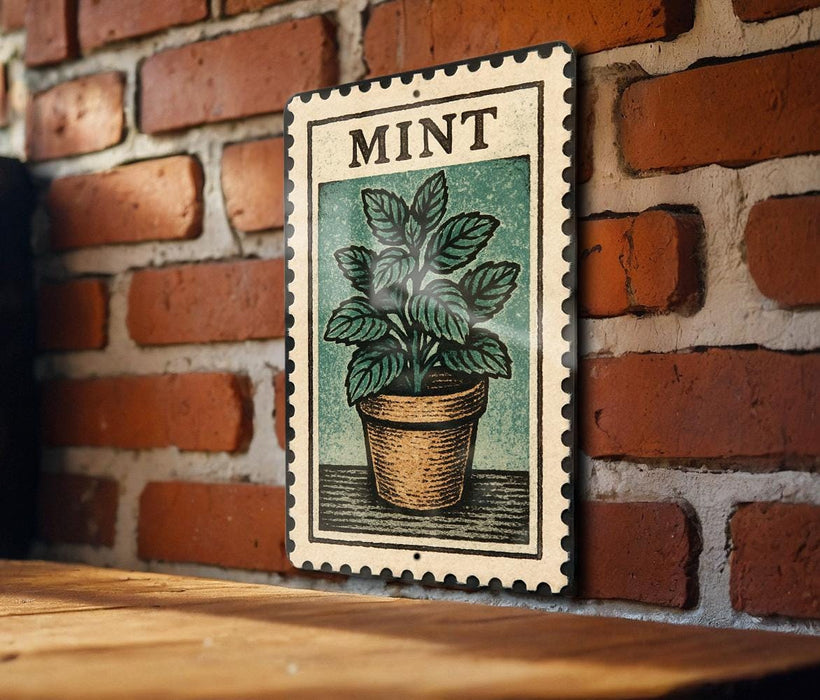 A framed illustration of a mint plant is displayed on a brick wall, with a wooden table below it.