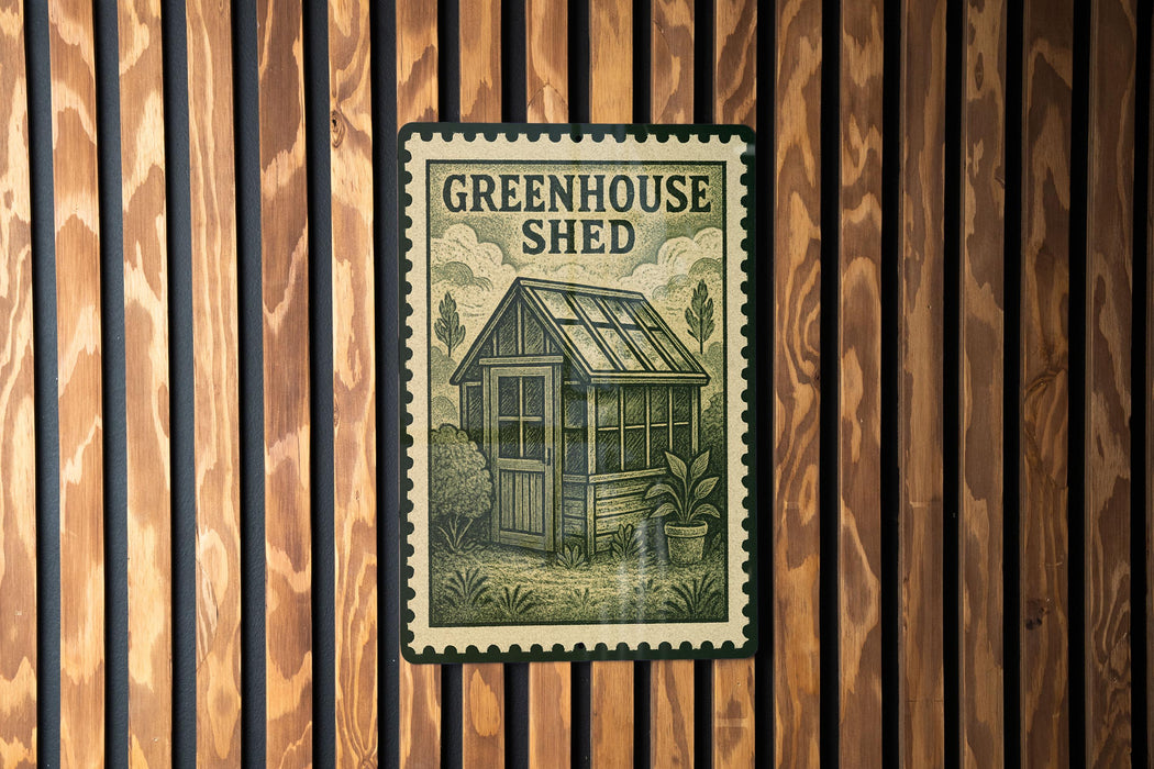 A vintage-style metal sign with the text "GREENHOUSE SHED" is displayed on a wooden wall.