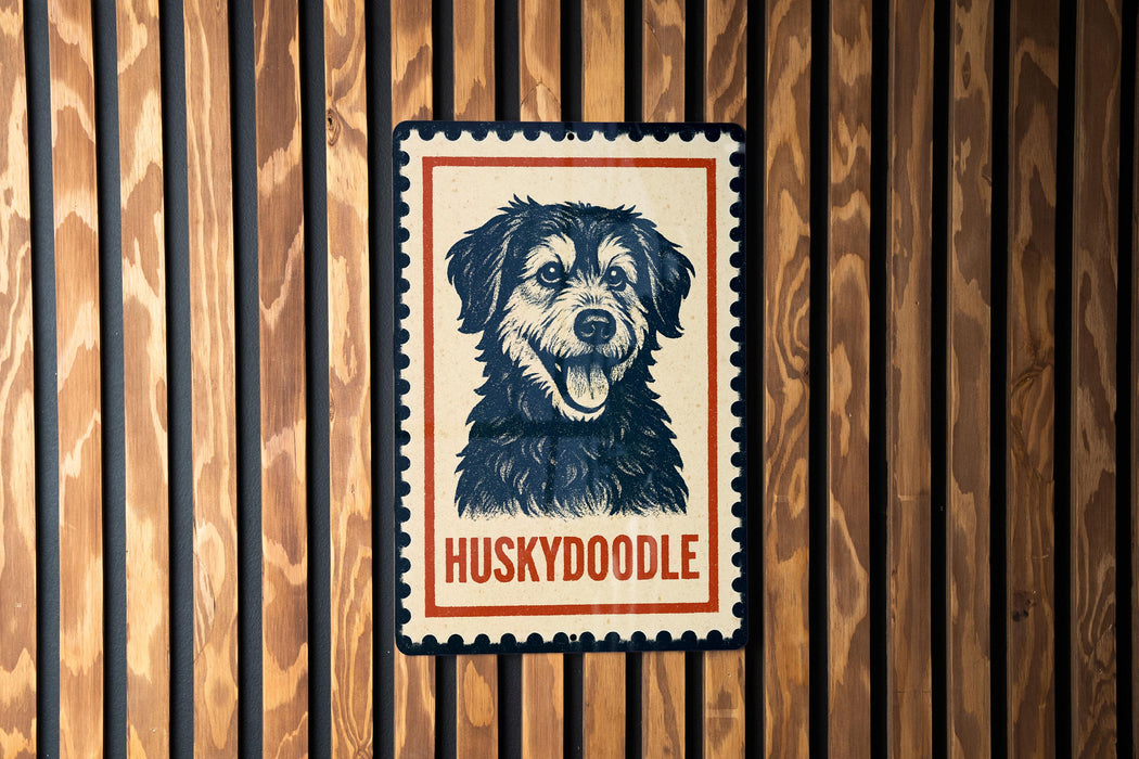 A metal sign with a black and white illustration of a husky dog and the word "HUSKYDOOLE" printed on it, mounted on a wooden wall.