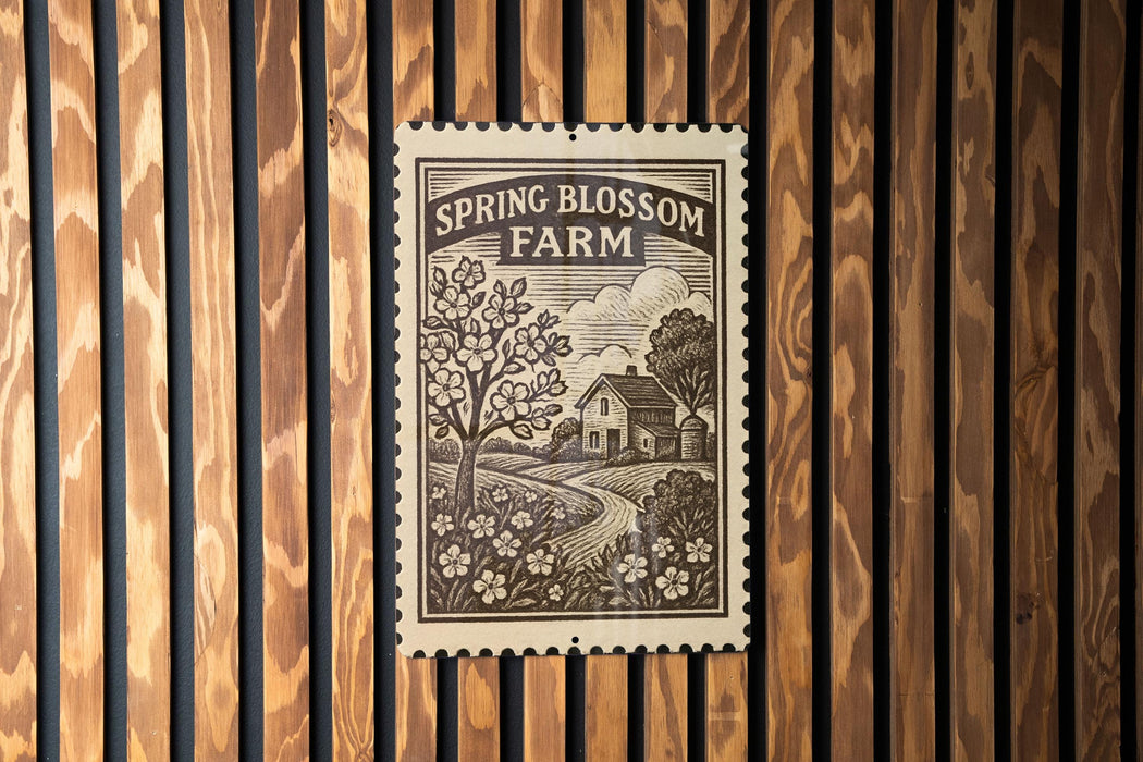 A wooden wall with a framed image of a farm scene, including a tree, house, and field, hanging on it.