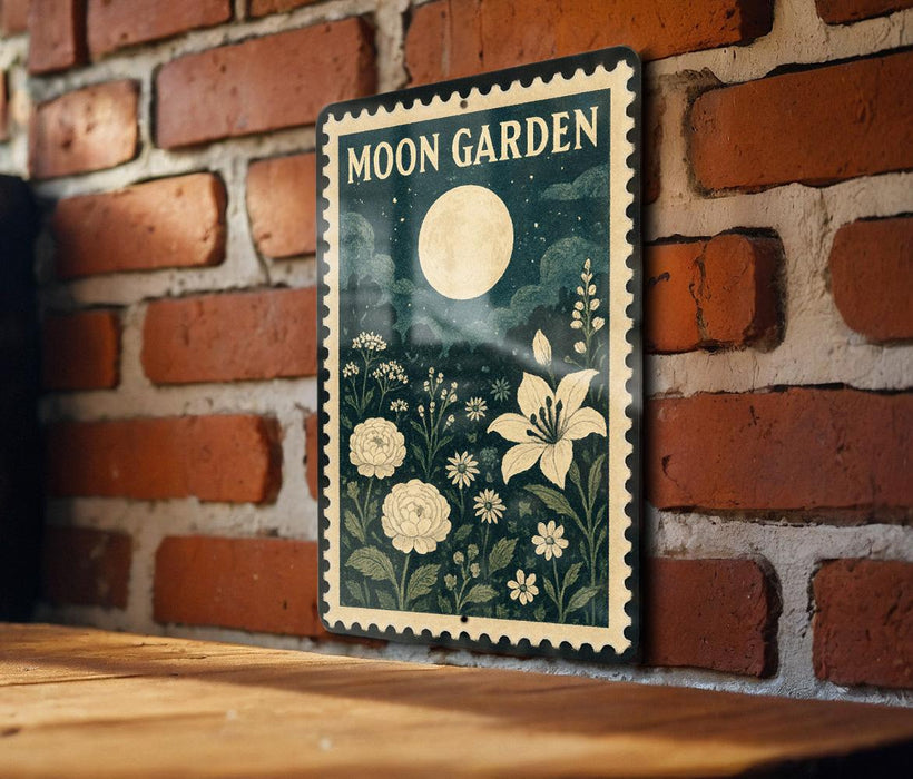 A framed poster of a night scene with a full moon, flowers, and plants is displayed on a brick wall.