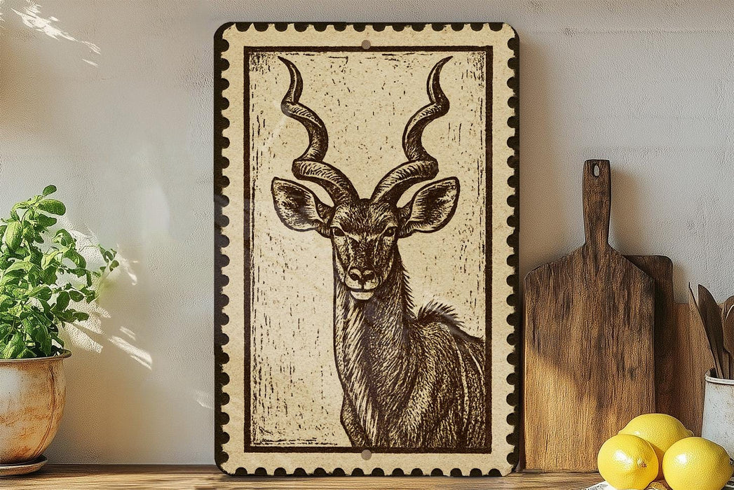 a framed illustration of a horned animal, likely a deer or antelope, on a wooden shelf. The animal has long, curved horns and is depicted in a detailed, engraved style. The shelf also displays various kitchen utensils, such as a knife, a cutting board, and a bowl, as well as some fruit, including lemons and a potted plant.
