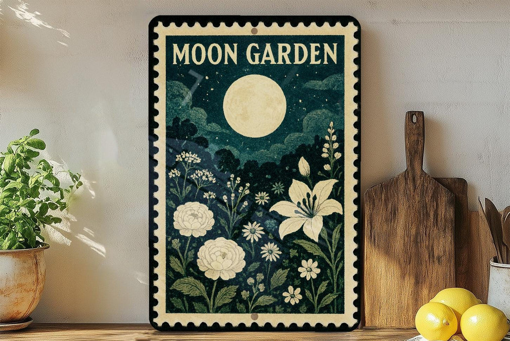 A framed poster of a moon garden with a large moon, flowers, and plants is displayed on a wall next to a wooden cutting board and a potted plant.