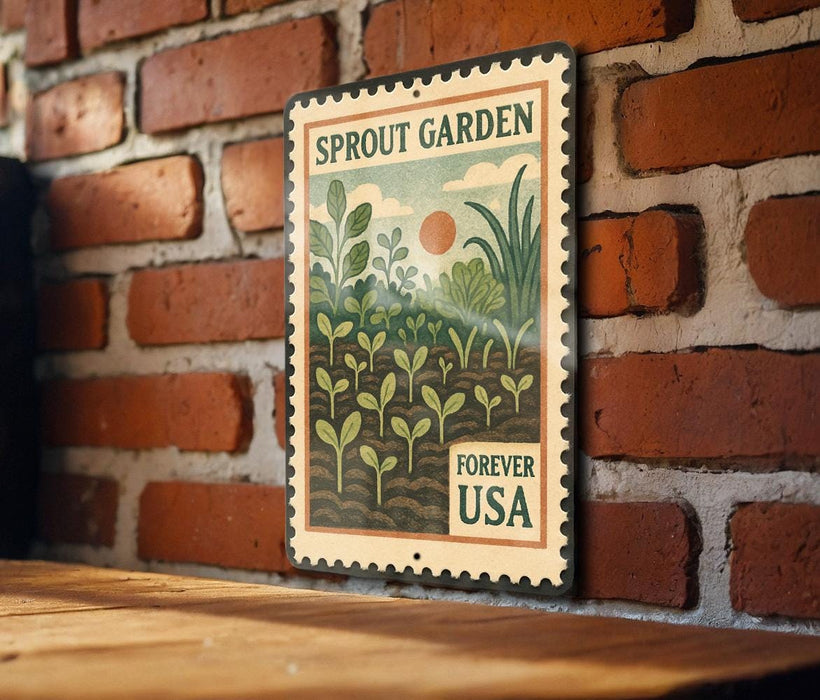 A vintage-style metal sign with a stamp-like border hangs on a brick wall, featuring an illustration of a garden with plants and a sun.