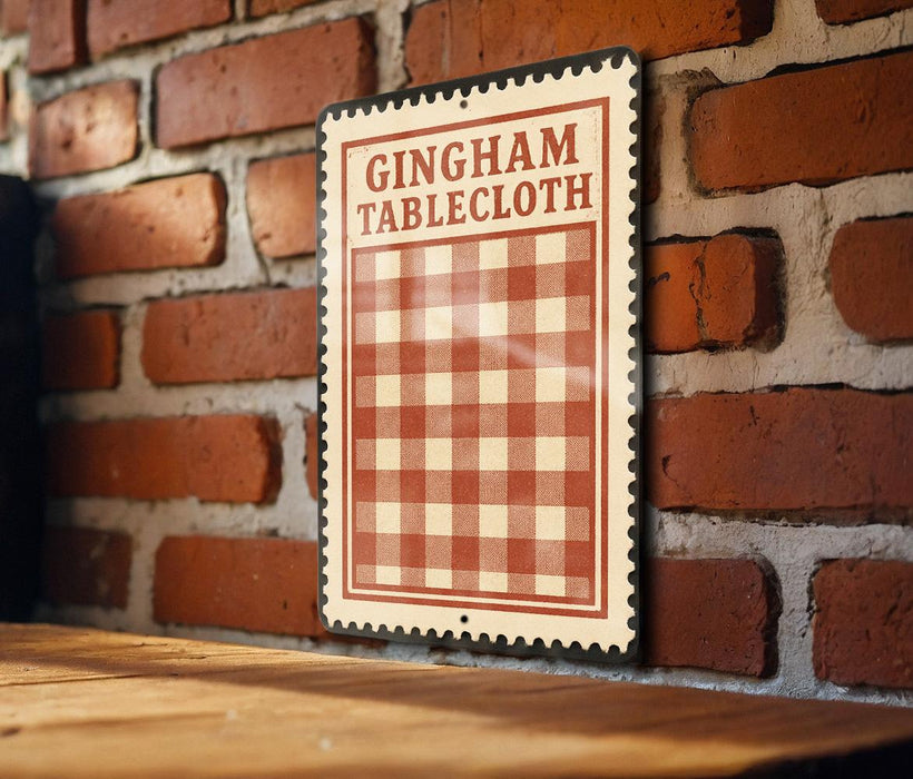 A sign with the text "Gingham Tablecloth" is displayed on a brick wall, with a wooden table below it.