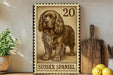 A wooden shelf displaying a framed image of a brown and black dog, a wooden cutting board, and some lemons.