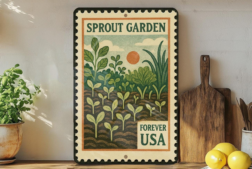 A vintage-style metal sign with a garden scene and the text "SPROUT GARDEN FOREVER USA" displayed on a shelf.