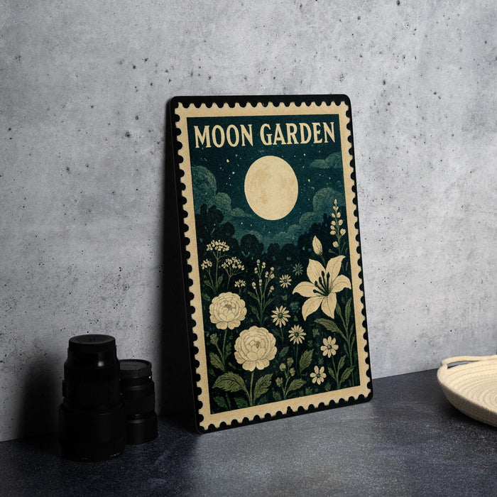 a framed poster with a moon garden theme, placed on a table next to some black camera lenses.
